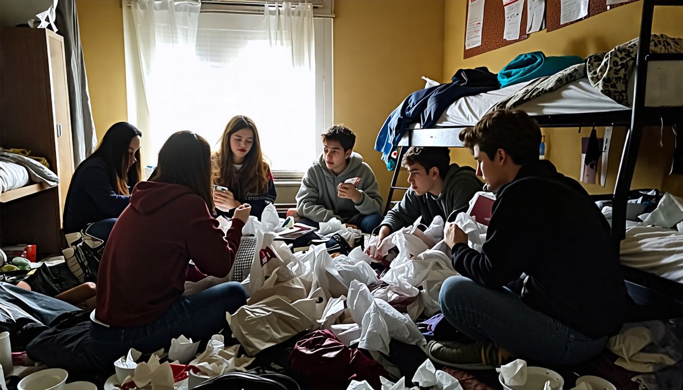 University students socializing and studying in a messy dorm room.