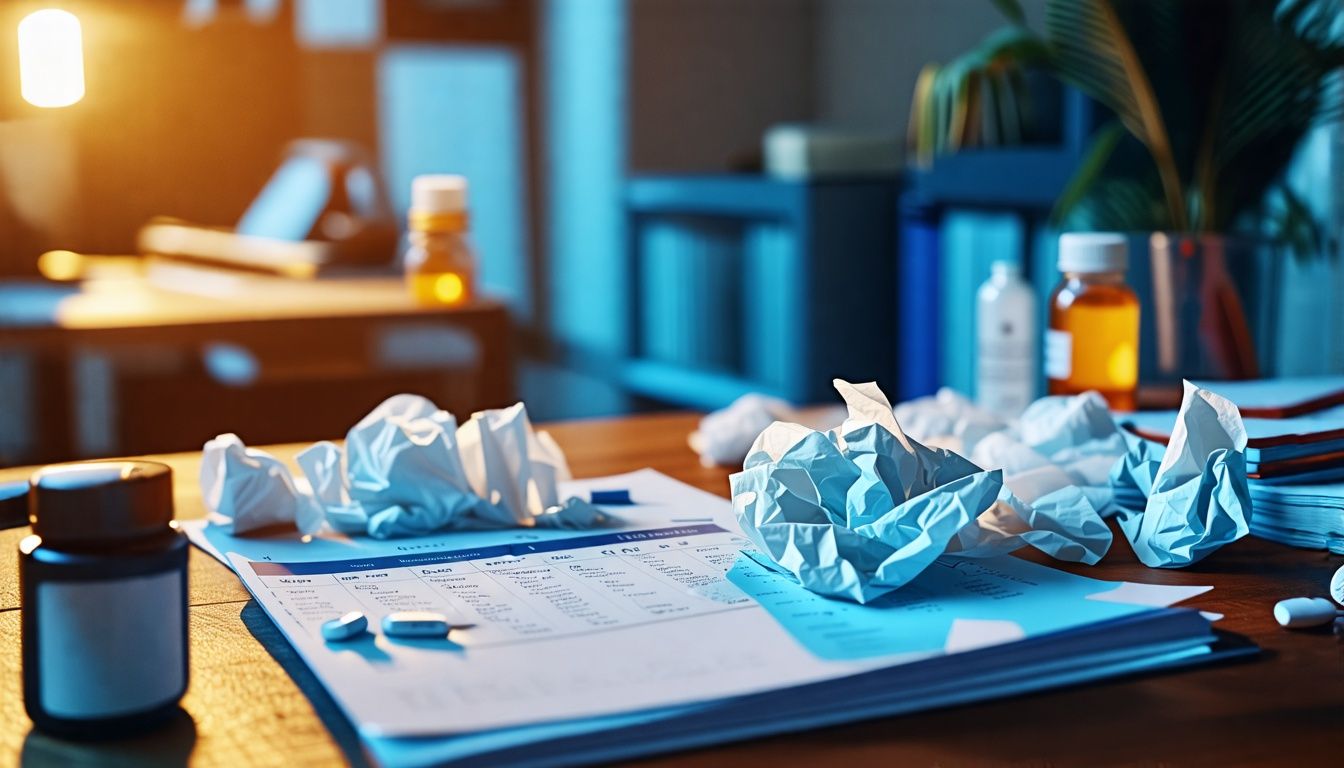 Messy office desk with sickness absence policies and missed days calendar.