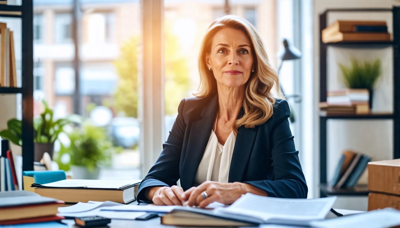 A university counselor in her 40s in a modern office with paperwork and technology gadgets, reflecting the changing demands in education.