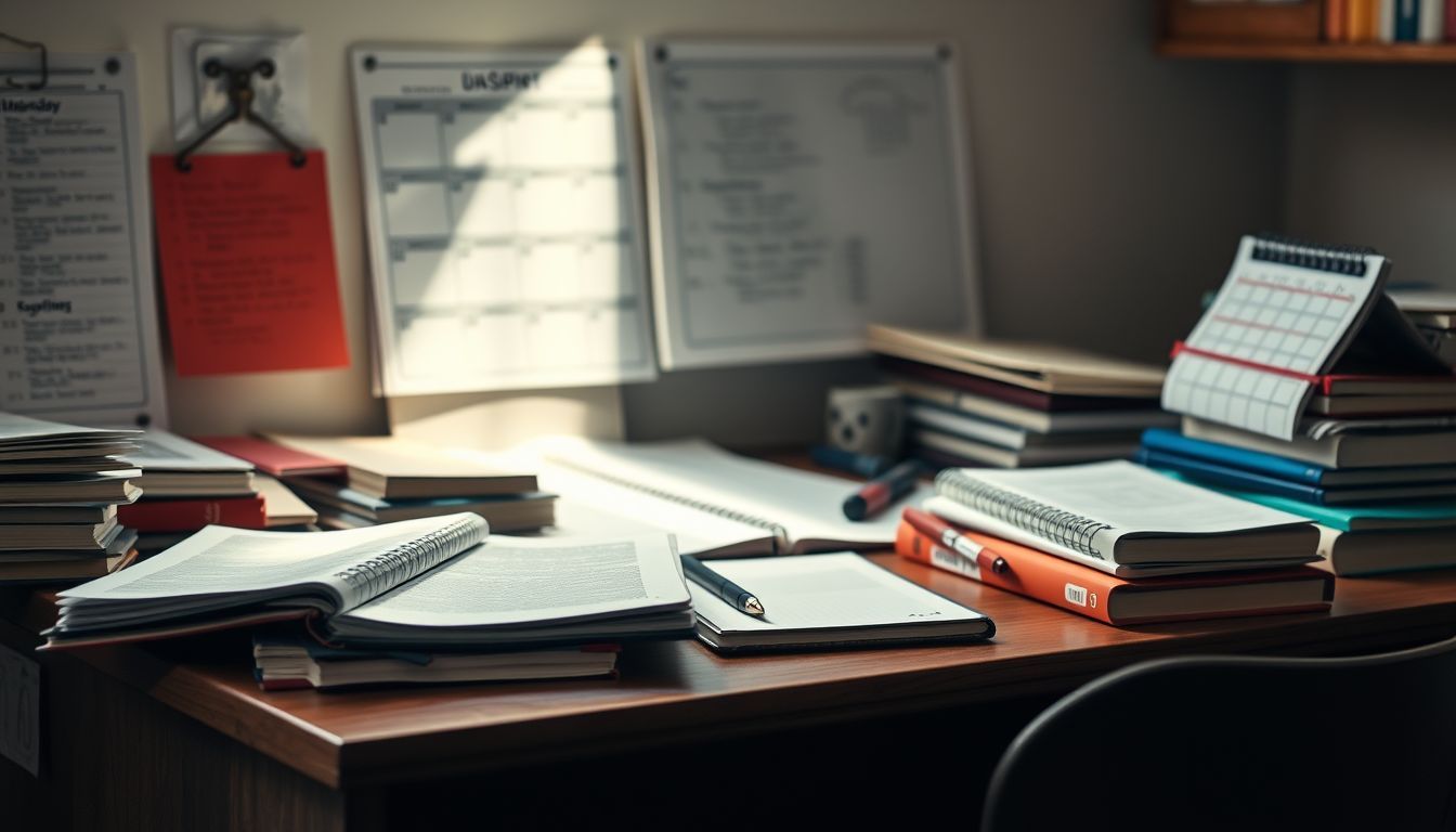 A cluttered study desk with textbooks, notebooks, and a calendar.