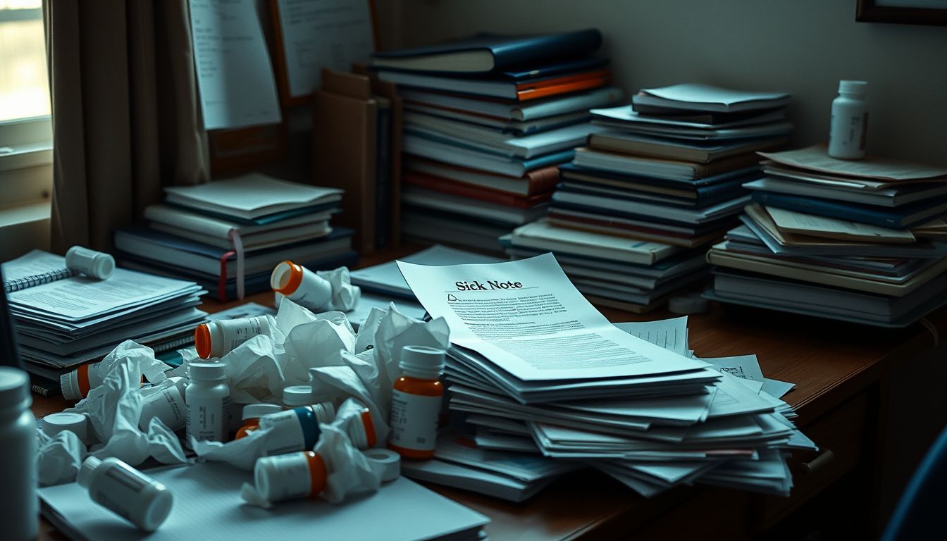 A messy student desk with scattered tissues, medicine bottles, and textbooks.