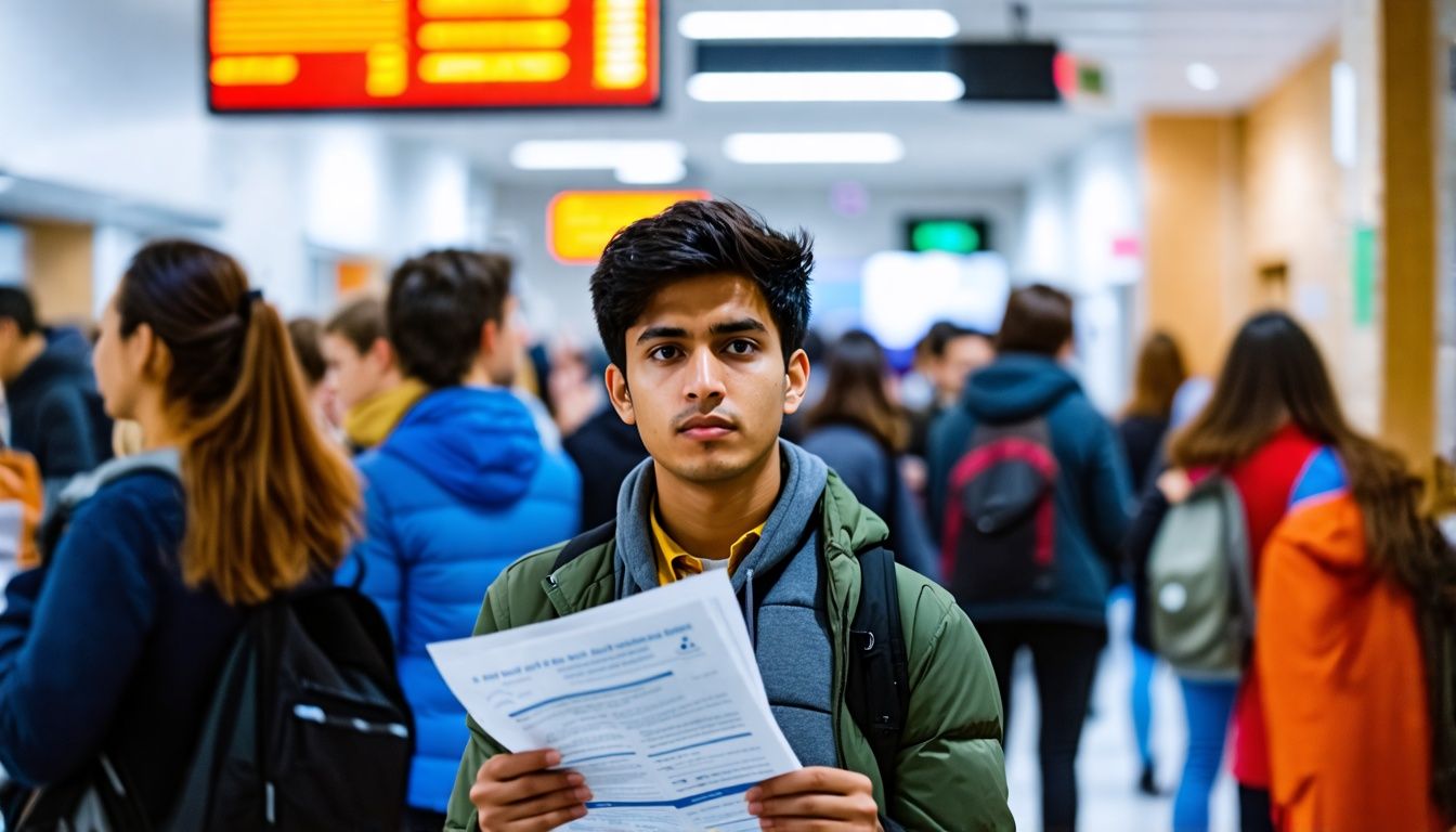 An international student looks confused in a busy UK university health center.