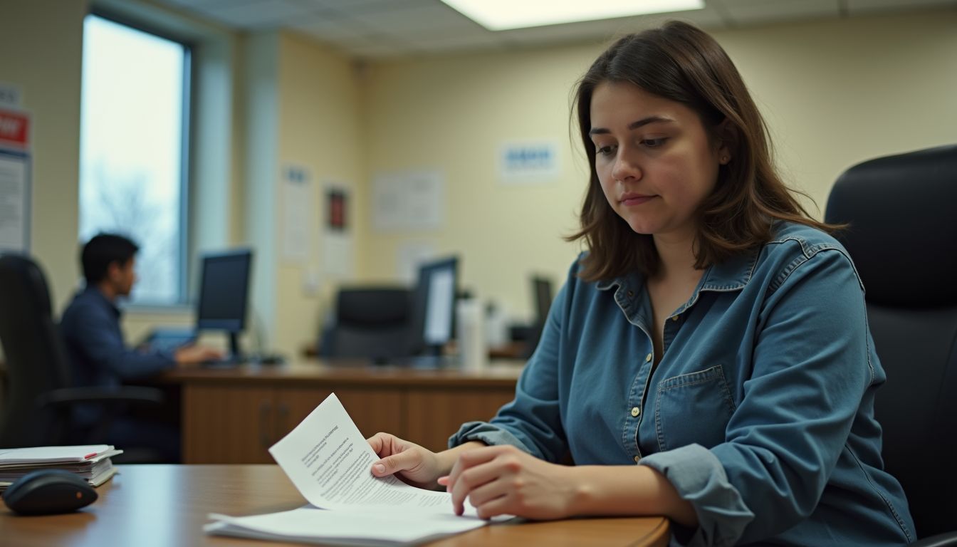 A university student sitting in the health services center holding sick notes.