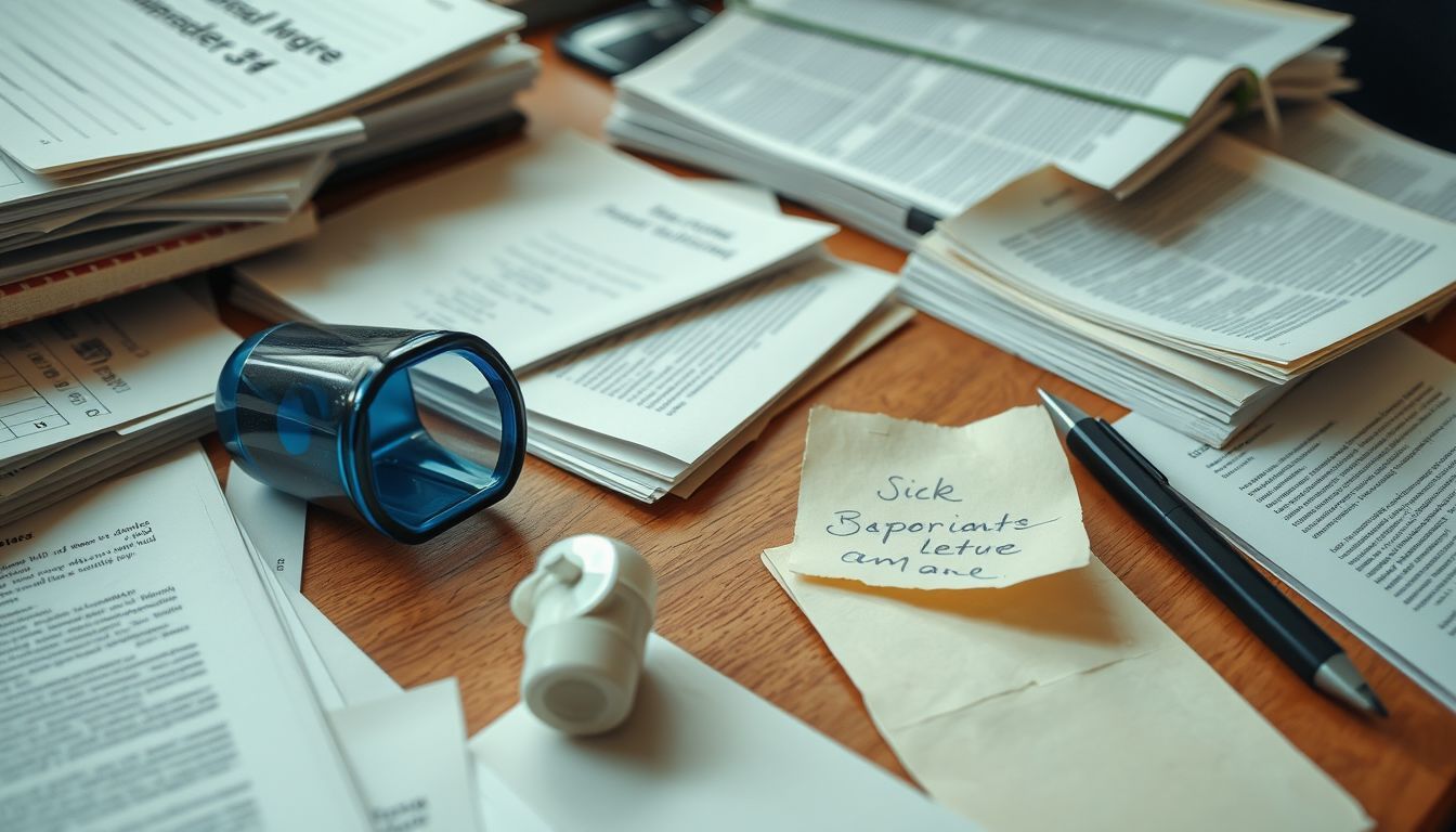 A cluttered university desk with lecture notes, medicine bottle, and sick note.