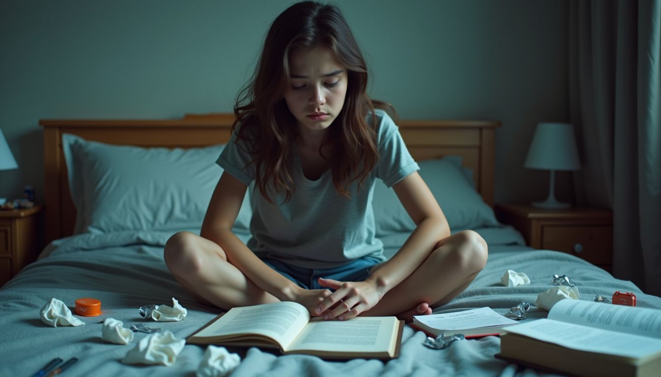 A tired university student sits on a messy bed surrounded by clutter.