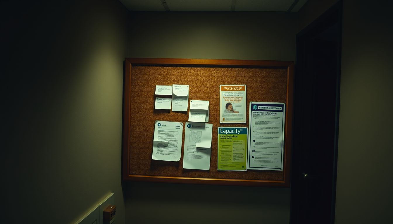 An old university bulletin board covered in sick notes and health-related posters.