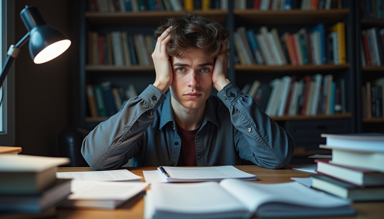 A stressed university student sits at a cluttered desk with academic pressure.