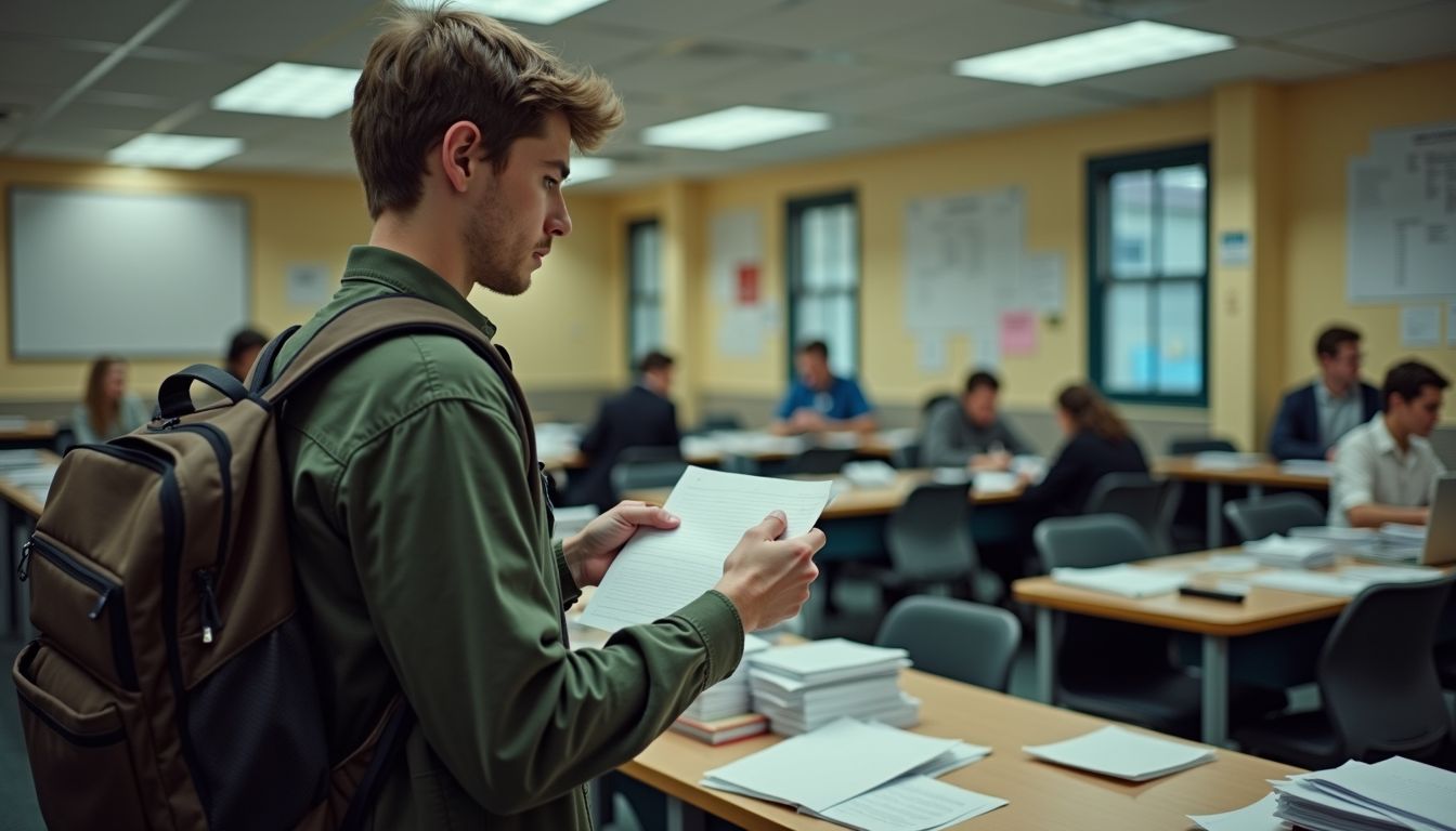 A tired university student submits a sick note in a cluttered office.