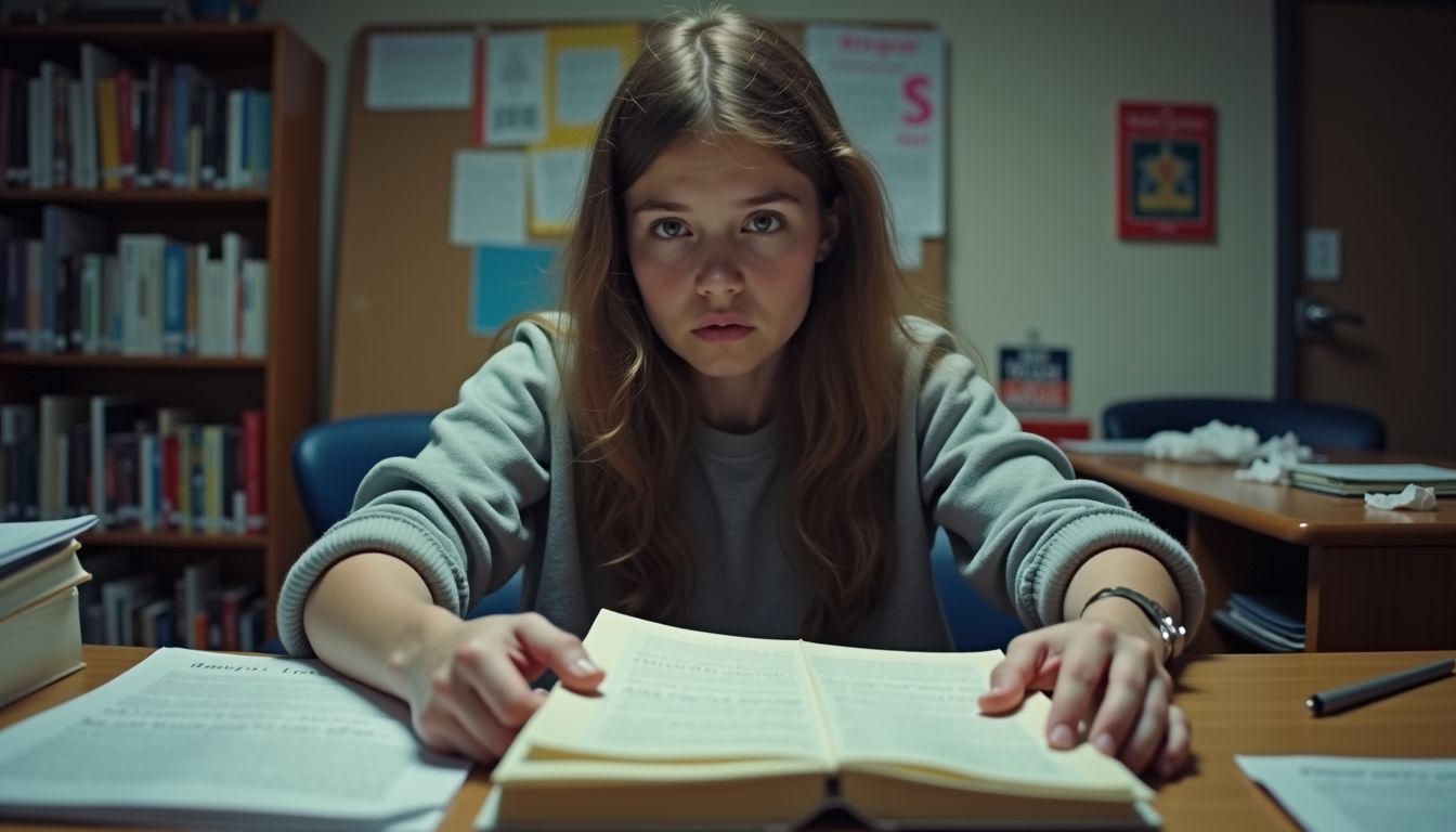 A sick college student sits at a cluttered desk with textbooks.